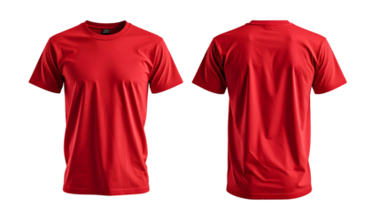 Front & back view of a plain, red crew neck t-shirt. Isolated on a black background