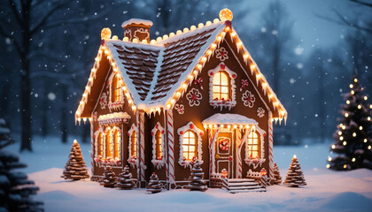 Christmas gingerbread house in the winter forest. Christmas and New Year concept.