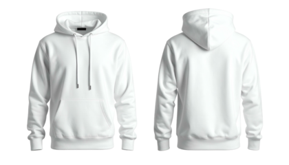 Front and back views of a plain white hooded sweatshirt on a dark background