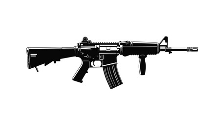 Black and white silhouette of a modern tactical assault rifle showing detailed features on a plain white background.