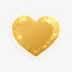 Pink heart shape with a gold outline and scattered gold glitter particles on a white background love