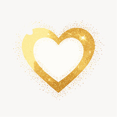 Pink heart shape with a gold outline and scattered gold glitter particles on a white background love