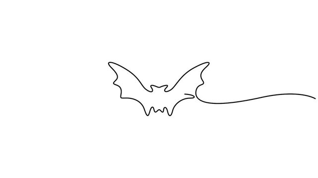Self animated minimalist line art illustration of a flying bat, created using a single continuous black line