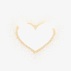 Pink heart shape with a gold outline and scattered gold glitter particles on a white background love