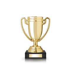 A shiny 3d golden trophy cup isolated on white represents a first place prize for a champion, symbolizing victory, success, and winning achievement in a sport competition award ceremony