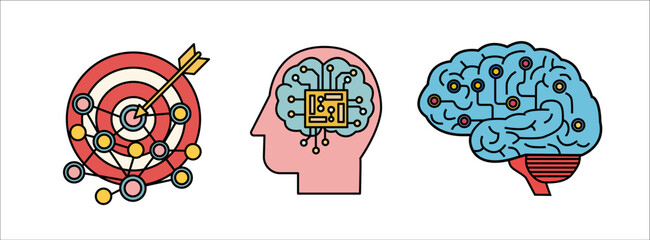 Vector icons: a red target hit by an arrow, a pink head silhouette with circuit brain, and a blue neural network brain. Conceptual illustration for themes of goal achievement, artificial intelligence.