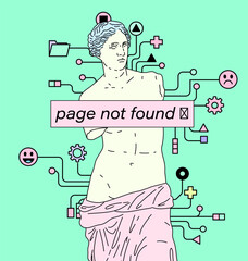 Classical Venus statue in pale pink, surrounded by floating retro digital icons and a bold "page not found" banner. Conceptual vector illustration for themes of internet censorship.