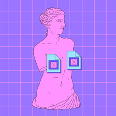 Pink armless Venus de Milo statue with two error icons placed over the chest area. Conceptual vector illustration for themes of classical beauty censored by digital retro tech, internet nostalgia.