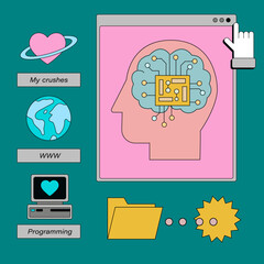 Retro-style pink browser window showing a human head silhouette with a circuit-board brain, surrounded by floating Y2K icons like globe, heart monitor, floppy disk, and folder on a teal background. 