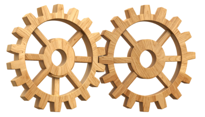 Two interlocking wooden gears, detailed graining, on a transparent background, perfect for use