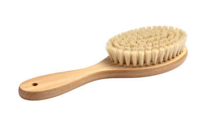 Oval-shaped wooden body brush with long handle, set against a black background