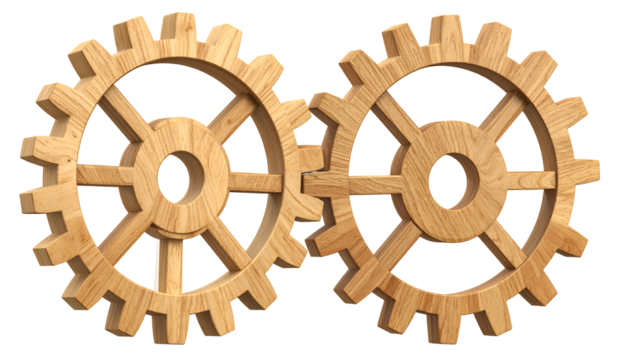 Two interlocking wooden gears, detailed graining, on a transparent background, perfect for use - Powered by Adobe