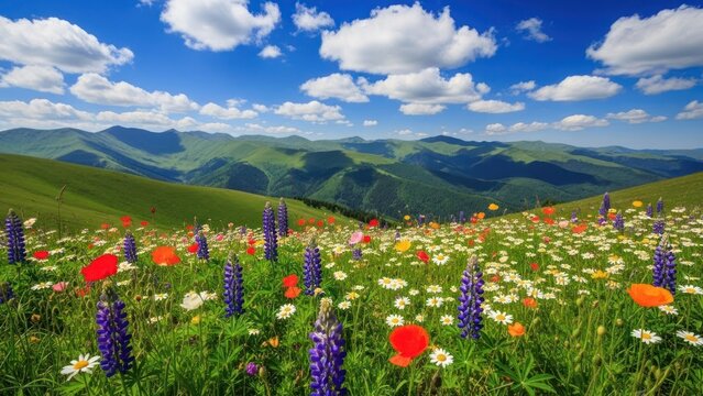 Mountain meadow filled with colorful wildflowers under a bright, cloudy blue sky - Powered by Adobe
