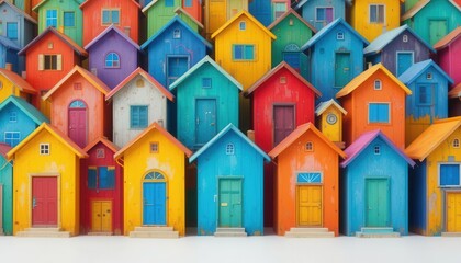Colorful wooden houses on a white background. Panoramic photo. Generative AI Colorful wooden houses on a white background.
