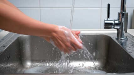 Hands being washed with soap and water under a modern faucet in a kitchen or bathroom sink, promoting hygiene and cleanliness