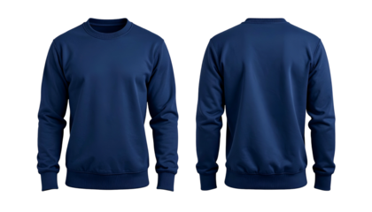 Front and back views of a solid navy blue crew neck sweatshirt, isolated on black