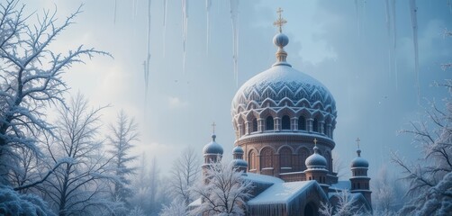 Panoramic view of old russian orthodox church in winter. generative AI Panoramic view of old russian orthodox church in winter.