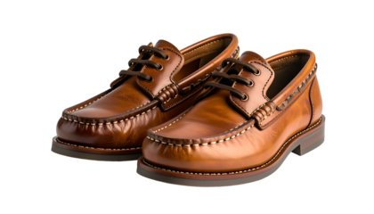 Two leather boat shoes with laces, brown color, side stitching and dark soles, isolated