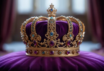 Close up of a royal crown on a purple cloth. Selective focus. AI generated Close up of a royal crown on a purple cloth. Selective