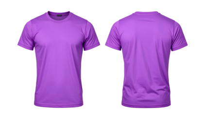 Front and back view of a blank, purple, short-sleeved t-shirt isolated on black