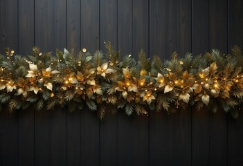 Panoramic image of golden Christmas garland on dark wooden background generative AI Panoramic image of golden Christmas garland