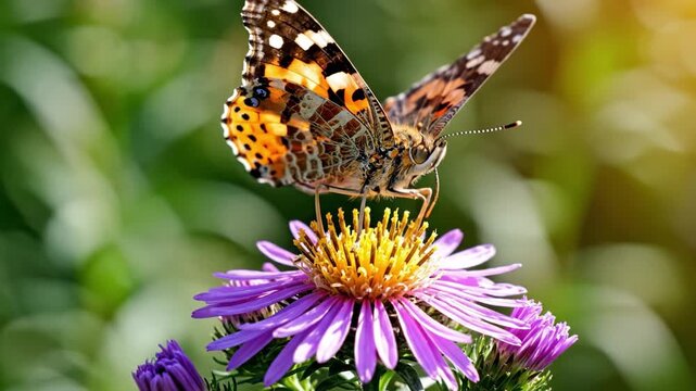 Colorful painted monarch like butterfly perched on purple aster flower collecting nectar and pollinating with orange black wing pattern, pollen on proboscis, close up macro summer garden sunlight