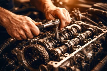 A man is working on an engine, using a wrench to loosen a bolt