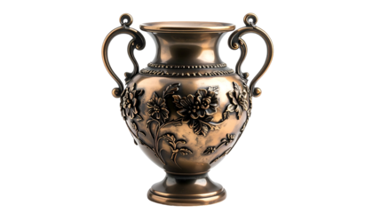 Ornate bronze vase, detailed floral relief design with handles, isolated against a black background