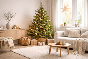 Scandinavian style living room with decorated christmas tree cozy furniture and natural holiday home decor
