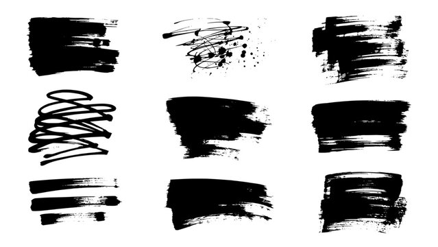 Nine black brush stroke shapes and splatters in a grid - abstract vector textures