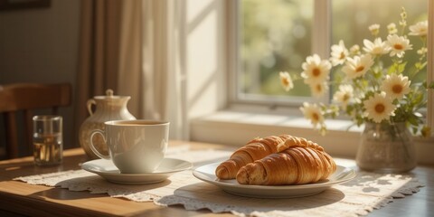 Breakfast with coffee and croissants on the windowsill in the morning AI Generated Breakfast with coffee and croissants on the