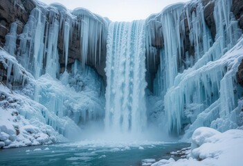 Iceland waterfall in winter, panoramic view. Frozen waterfall in winter. AI generated Iceland waterfall in winter, panoramic