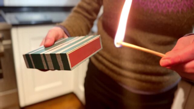 close up of woman with jumper lighting matchstick against matchbox in kitchen