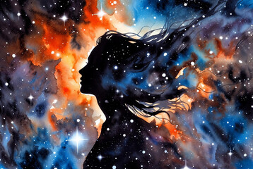 Watercolor woman silhouette on abstract cosmic background with colorful galaxy and stars at night. Space illustration.