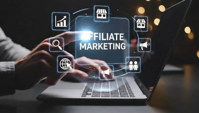Affiliate Marketing Concept - Person Using Laptop with Digital Icons for Online Business and E-commerce Strategy.