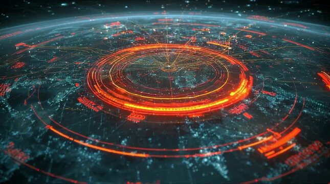 Global satellite surveillance network with multiple orbital paths and target lock points over world map (AI Generated)