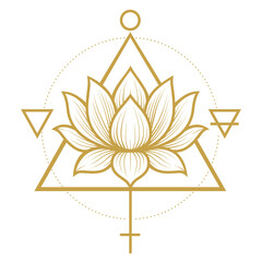 Golden lotus at center, framed by sacred geometry triangles, circle, cross, and dotted ring, evoking balance, enlightenment, and esoteric symbolism.