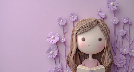 Fototapeta premium An illustration shows a girl holding an open book with purple flowers around her on a plain soft background in a simple flat style.