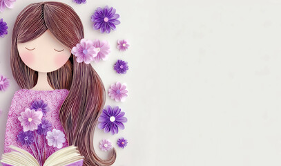 Naklejka premium An illustration shows a girl holding an open book with purple flowers around her on a plain soft background in a simple flat style.