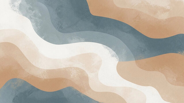 Soft layered waves in sand, white and muted blue create a calming abstract landscape, perfect for modern boho posters, wall art, branding backgrounds and cozy interior decor.