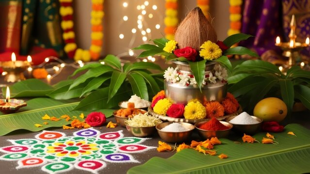 Ugadi festival arrangement with colorful rangoli design, kalash, coconut, mango and flower decoration. Indian new year celebration with traditional puja.