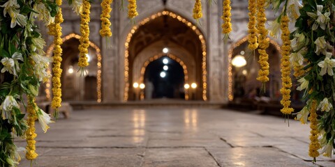 Obraz premium islamic architecture, a spacious interior displaying a traditional islamic arch adorned with jasmine garlands and shimmering lanterns for shab-e-barat clear, symmetrical composition from near to far