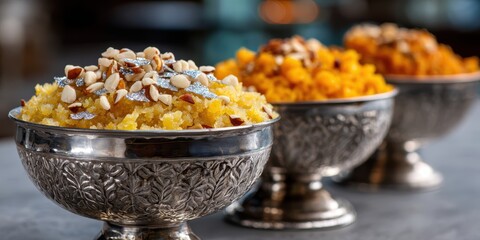 traditional halwa photography, a festive kitchen setting with three types of traditional halwa in ornate silver bowls, garnished with silver vark and crushed nuts