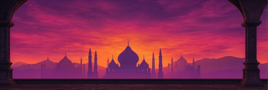islamic architecture, a cinematic view of islamic architecture against a vibrant sunset, with a clear center for copy space and sharp focus on the architectural edges