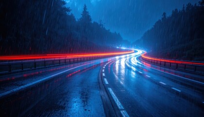Nighttime road with light trails during rain in a forested area Generative AI