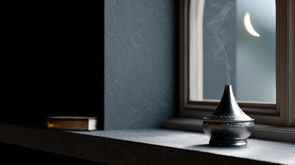 islamic interior design, an arched islamic window frames a crescent moon, with a burning incense burner and a prayer book on the windowsill moody, dark aesthetic