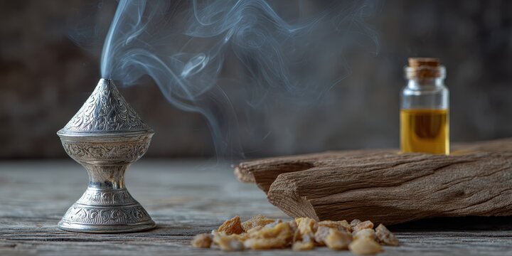 luxury aromatherapy display, a top-notch silver incense burner features in the composition, emitting delicate white smoke over glowing oud wood chips and an attar oil bottle