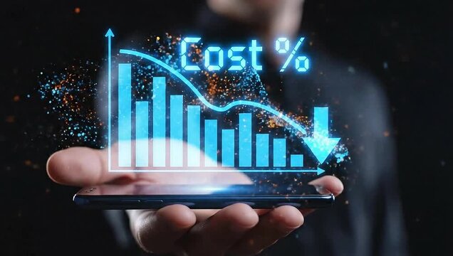 Hand holding smartphone with a glowing blue bar chart showing decreasing costs and a downward arrow, representing cost reduction and financial efficiency.
