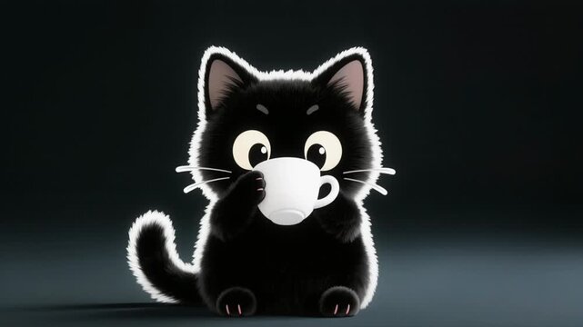 Cute Black Kitten Drinking Coffee With Happy Expression