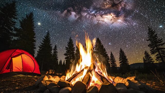 Starry night sky Milky Way galaxy campfire glow red tent pine tree wilderness sky over campfire with glowing tent pine tree silhouette warm firelight and Milky Way visible above remote forest campsite